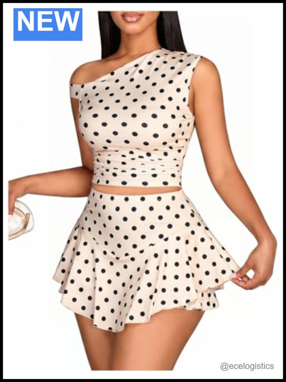 Women's Polka Dot 2 Piece Skirt Set Off Shoulder Crop Top Ruffle Mini Skirt